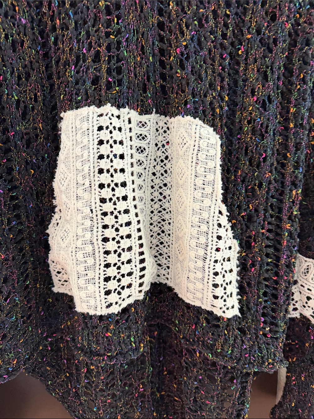 POL Open-Knit Black Scoop Sweater with Cream Crochet Pocket & Cuff Trim - Picture 5 of 9